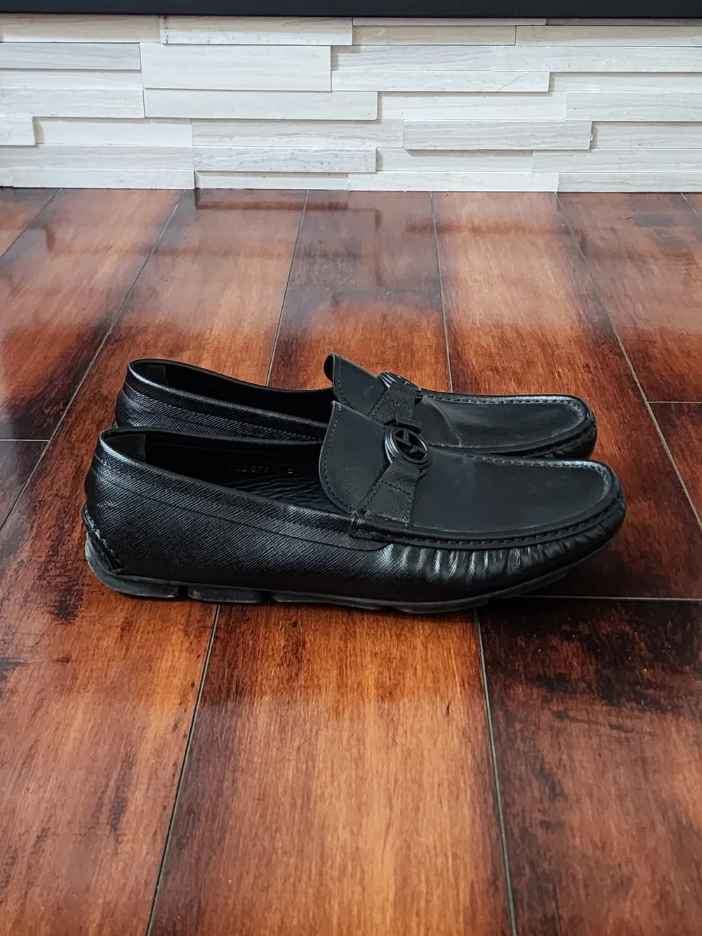 Giorgio Armani Black Leather Logo Driver Loafers Men's Size 8